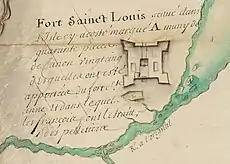 Détail d’une carte de 1687 relatant la capture du fort, son armement et son positionnement près de la rivière Moose.