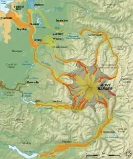 Carte des risques dus aux lahars autour du Mont Rainier.