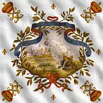 Drapeau de la 1re compagnie des mousquetaires du roi d'après Du Vivier – 1715. On y lit la devise : « Quo ruit et letum » (« Où elle tombe [allusion à la bombe représentée], la mort aussi », « Où elle tombe la mort vient avec elle »).