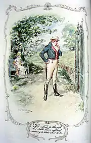 Gravure. Un homme, l'air perplexe devant une grille fermée