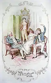 Assis ou debout, trois personnages écoutent un jeune marin