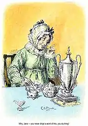 Illustration. Une femme, à table, l'air faussement grondeur