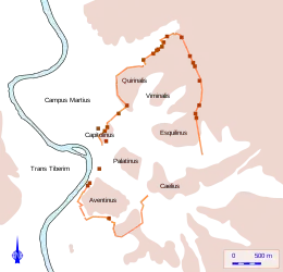 Plan matérialisant l'emplacement des vestiges sur le tracé de l'enceinte d'une ville.