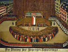 Cérémonie du Schwoertag avec un étendard aux couleurs de Strasbourg (vers 1785).