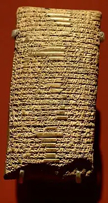 Photo d'une tablette d'argile rectangulaire recouverte de signes