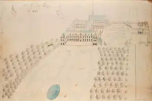 dessin à l'encre et lavis de jardins à la française devant les bâtiments de l'abbaye