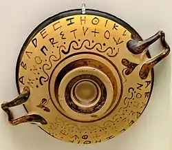 Une coupe attique à fond ocre et dessins noirs, vue du dessous. Sur le tour sont gravés deux alphabets grecs, sur deux lignes, séparés par les anses et le support.