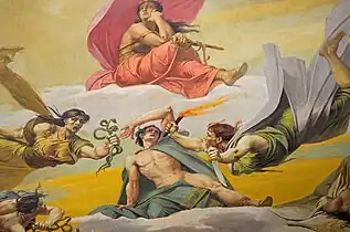 Homme couché, presque nu, des femmes au visage grimaçant lui tendent des serpents et une torche enflammée.