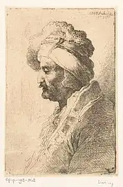 Homme portant un chapeau de fourrure regardant vers le bas, 1732, gravure, Amsterdam, Rijksmuseum.