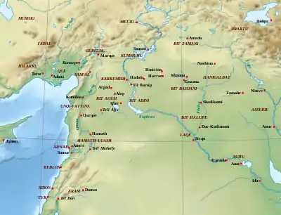 Carte des États néo-hittites et araméens vers 900-800 av. J.-C.