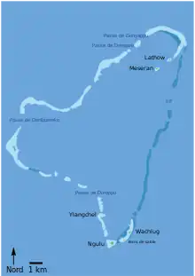 Dessin en couleur vives figurant les principaux caractères de l'atoll.