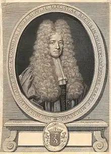 Gravure d'un homme avec une perruque dans un médaillon muni d'un blason