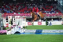 Un cheval roux saute un obstacle, monté par un cavalier.