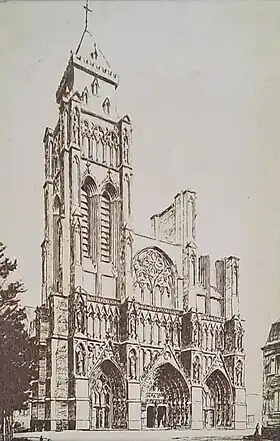 Gravure de la cathédrale Notre-Dame-en-Cité d'Arras au XVIIIe siècle avant sa destruction.
