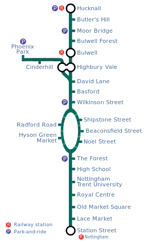 A map of the Nottingham tramway.