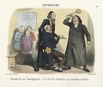 Nouvelle loi sur l'enseignement : - Ce sont les instituteurs qui reçoivent la férule. Vêtus en ecclésiastiques, Alfred de Falloux et Charles de Montalembert punissent un instituteur en le frappant sur la main. Caricature de la « petite loi sur l'instruction » ou loi Parieu, estampe de Charles Vernier, 1850.