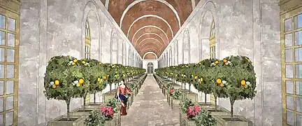 Proposition de restitution de l'intérieur de l'Orangerie de Saint-Mandé de Nicolas Fouquet, vue depuis le bout de la bibliothèque, 1661.