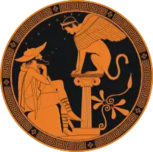 Détail du kylix attique Œdipe et le Sphinx.