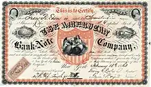 Action de l'American Bank Note Company, émise le 13 février 1863 à New York au nom de Tracy R. Edson, l'original étant signé par lui en tant que président. Edson a été l'un des fondateurs de la société et son président de 1858 à 1875.