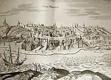 Gravure de 1636, faite sous le règne de Michel Romanov, montrant  Nijni Novgorod et le navire Fréderic pavillonné de l'aigle bicéphale.