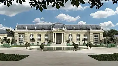 Vue d'artiste de l'orangerie de Choisy édifiée sous Louis XV par l'architecte Ange-Jacques Gabriel.