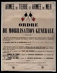 Affiche à fond beige avec gros caractère noirs et deux drapeaux tricolores.