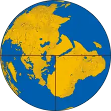 Dessin d'un disque bicolore, avec des zones bleues figurant les étendues d'eau et de zones jaunes figurant les terres émergées.