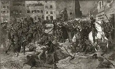 Gefecht in Bazeilles (années 1880), par Otto von Faber du Faur qui centre sa composition sur les Français.