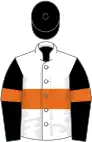White, orange hoop, black sleeves, orange armlets, black cap