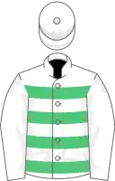 White, emerald green hoops, white sleeves and cap