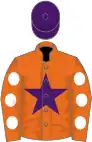 Orange, purple star, white spots on sleeves, purple cap
