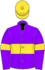 Violet, yellow hoop on body and sleeves, yellow cap