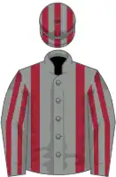 Grey, maroon braces, striped sleeves and cap