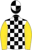Échiqueté noir et blanc, manches jaunes, toque écartelée blanche et noire