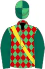 Emerald green and red diamonds, yellow sash, dark green sleeves, emerald green and dark green quartered cap