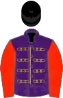 Purple, gold braid, scarlet sleeves, black velvet cap, gold fringe