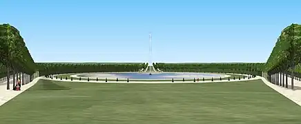 Vue sur le rond d'eau depuis le banc placé dans l'axe, début du XVIIIe siècle.