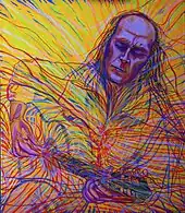 Peinture couleur représentant un homme en train de jouer de la guitare.