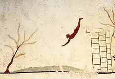Fresque de la Tombe du Plongeur Paestum, 470 av Jésus-Christ: « Le personnage est l'image même de l'harmonie et de la perfection, le corp à peine cambré, les mains jointes visant droit comme un javelot » (Journal écrit la nuit page 51)