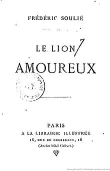Page de garde du "Lion amoureux" où on trouve mentionné l'auteur, le titre et la maison d'édition de l'ouvrage.