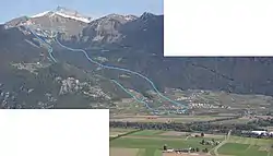 Limites de l'éboulement de 1584 : la Tour d'Aï, tout en haut, et le village d'Yvorne en bas à droite.