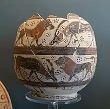 Olpe de la manufacture étrusque de style corinthien à figures noires, 630-600 av. J.-C. (Inv. n° 35499, collection Astarita, salle XX)