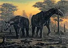 Reconstitution d'un couple de Paraceratherium transouralicum,montré au centre de l'image, avec deux Hyaenodon en dessous.