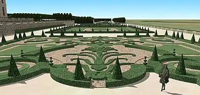 Vue d'artiste du parterre d'André Le Nôtre à Issy, près du pavillon des bains, état vers 1700 (de nos jours, carrefour de Mairie d'Issy).