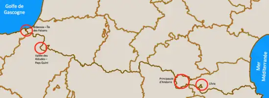 Carte de la frontière franco-espagnole avec des quatre cercles rouges.