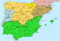 La péninsule ibérique vers 1150 ; le León est en orange.