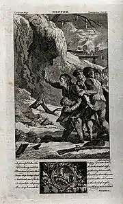 sentier de montagne, passage sous une barre neigeuse, hommes, femmes et enfants serrés les uns contre les autres