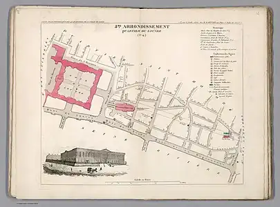 Plan du quartier du Louvre dans l'ancien 4e arrondissement en 1834.