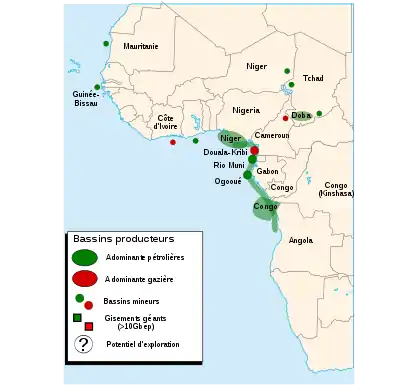 Carte montrant les gisements de pétrole d'Afrique centrale, du Niger à l'Angola et de la Côte d'Ivoire au Tchad.