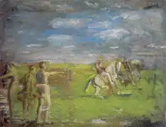 Aquarelle représentant trois hommes, dont un peint des chevaux